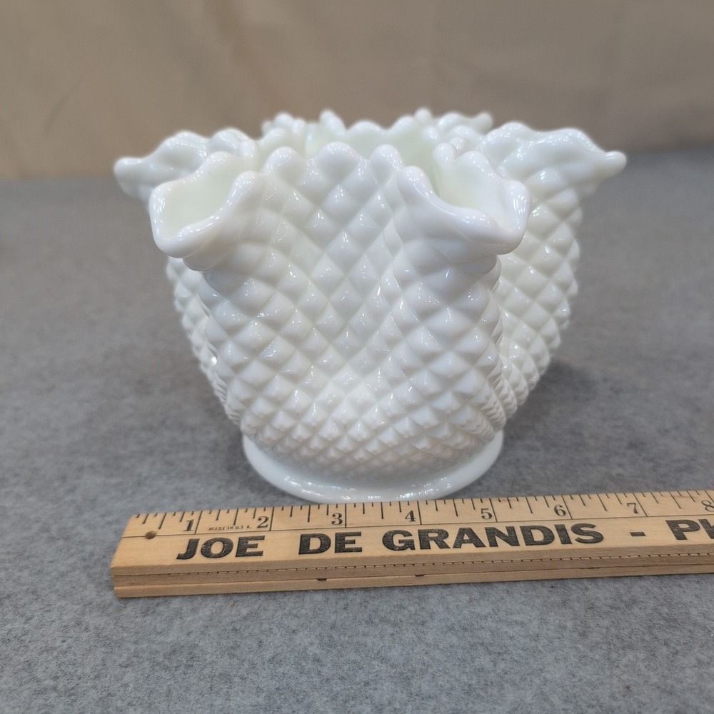 Vintage White Milk Glass Hobnail Ruffled Rim Vase Mid Century Decor - Picture 5 of 7